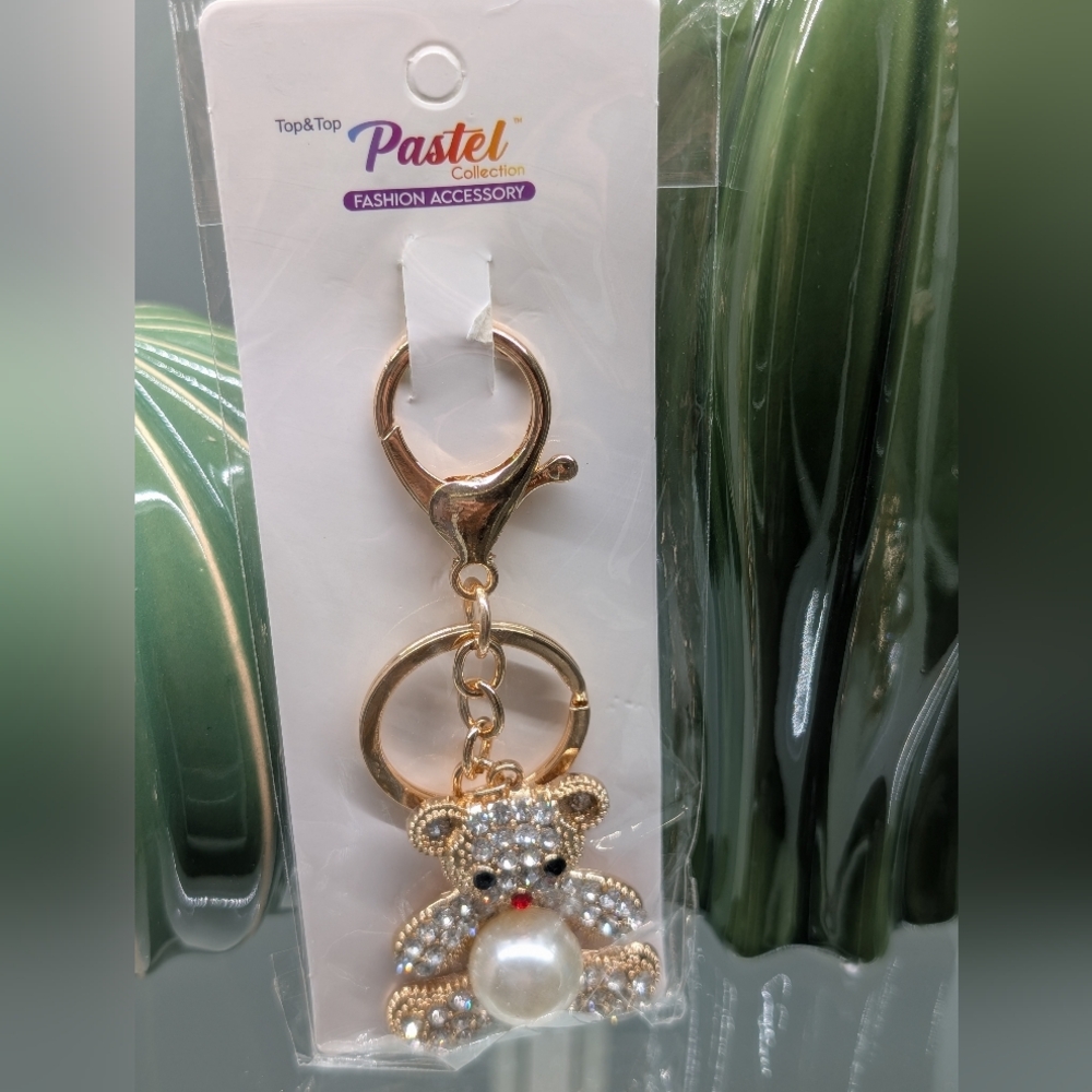 Gold Bear Keychain/Bagcharm W/Rhinestones And Pearl Accents